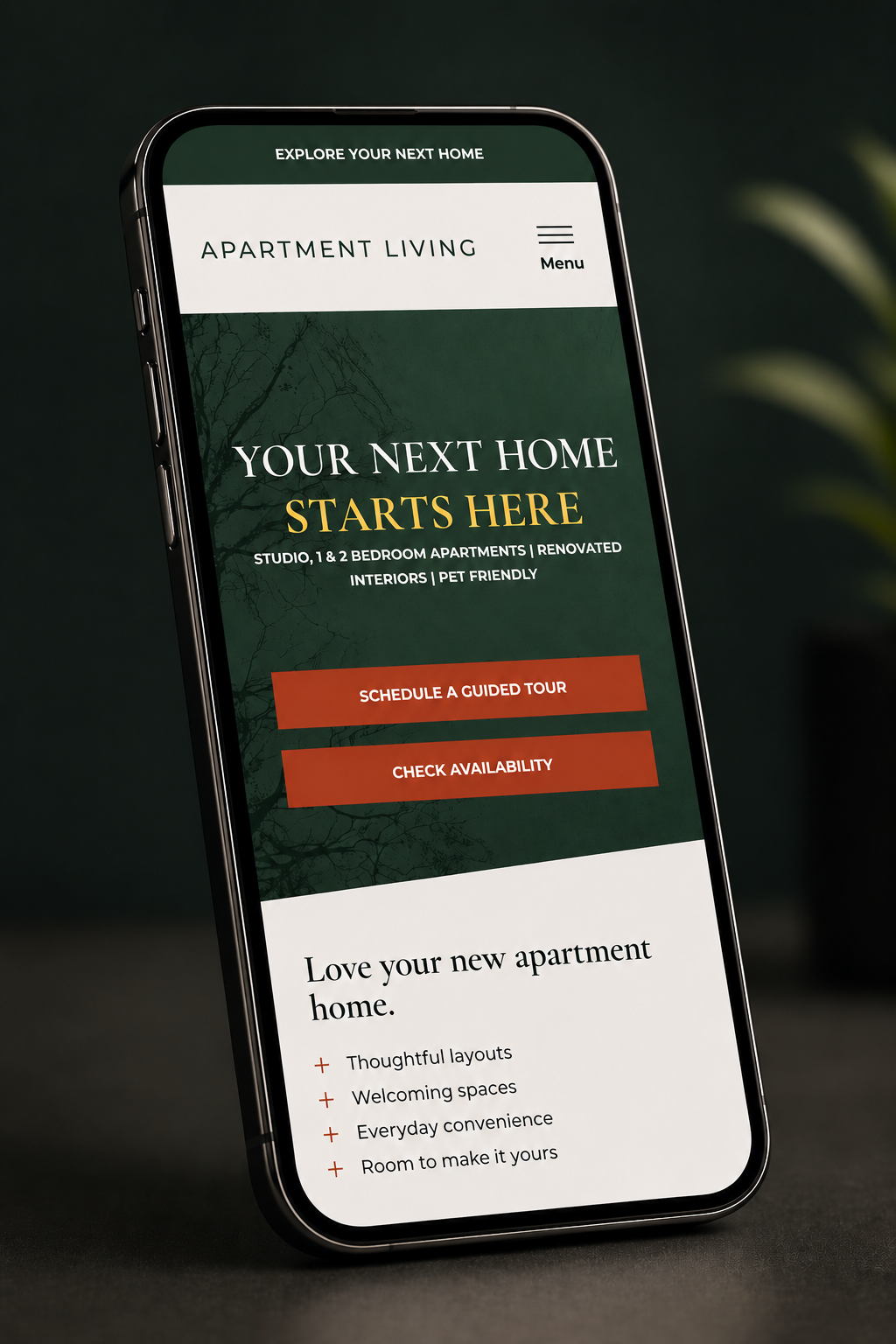Apartment website homepage shown on a mobile phone